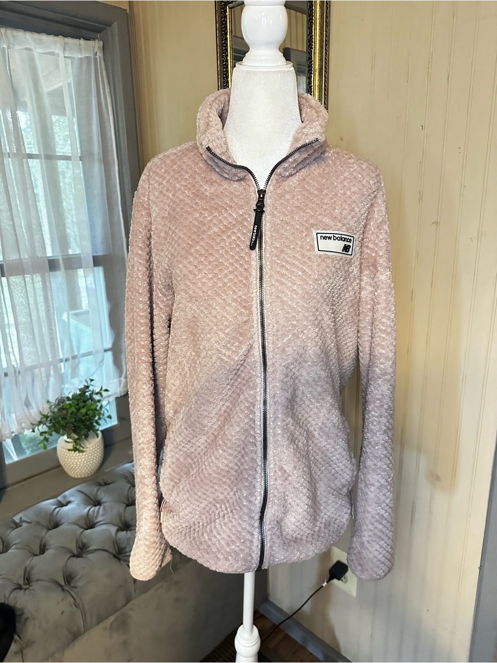 New Balance Womens Teddy Fleece Jacket Large Pink Full Zip Sherpa Textured Cozy